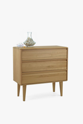 Magas fiókos tölgyfa komód fa lábakon, skandináv stílusú, 100 cm magas